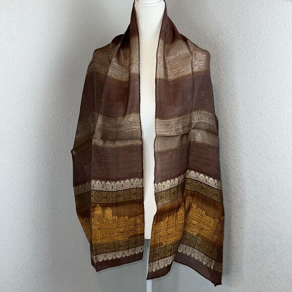 NWT Silk Scarf Bollywood Themed Landscape Metallic Thread - Picture 2 of 8